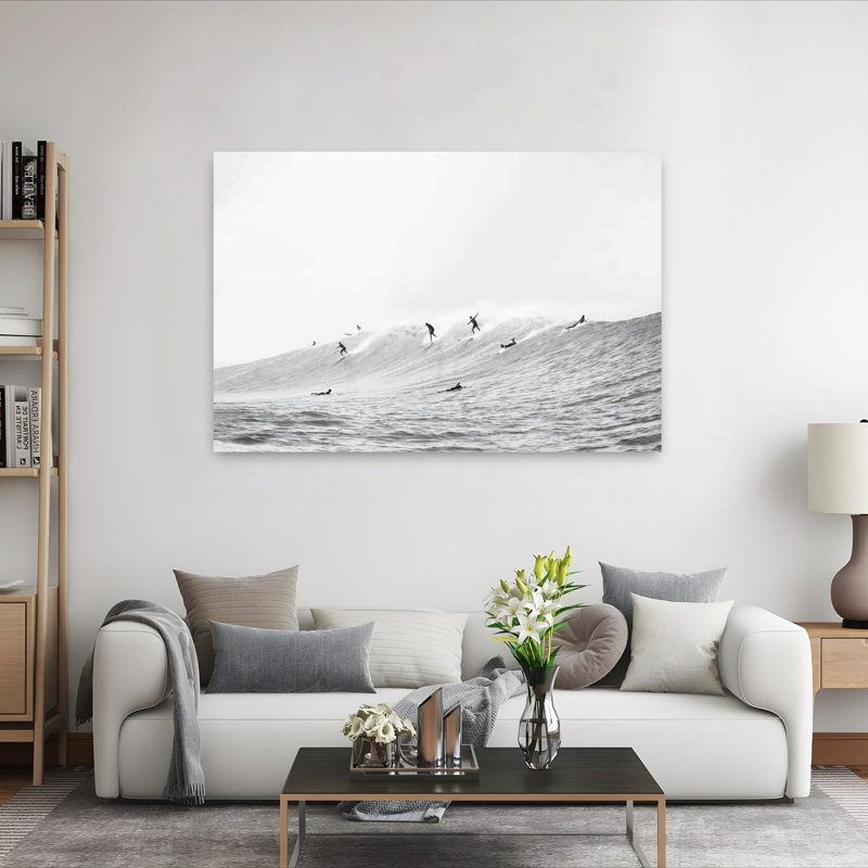 Art mural abstrait contemporain Wave Surfers BW, H 40 po x l 60 po