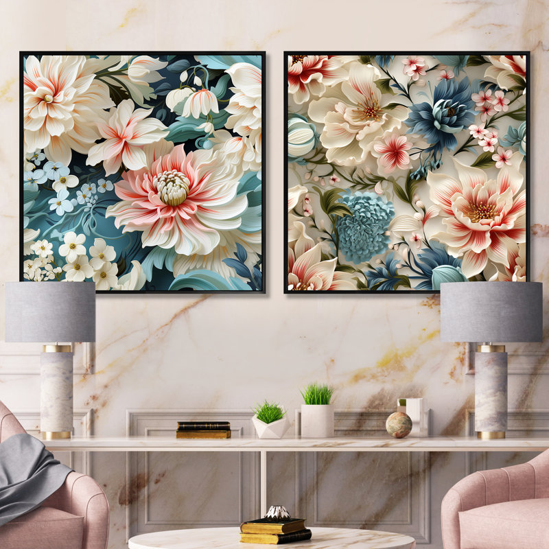 Rose et blanc motif cachemire de jardin - Ensemble de 2 collages carrés botaniques abstraits, Cadre flottant noir