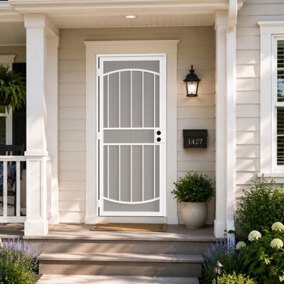 32 in. x 80 in. Universal/Reversible Powder Coated White Surface Mount Outswing Steel Security Door with Expanded Metal Screen
