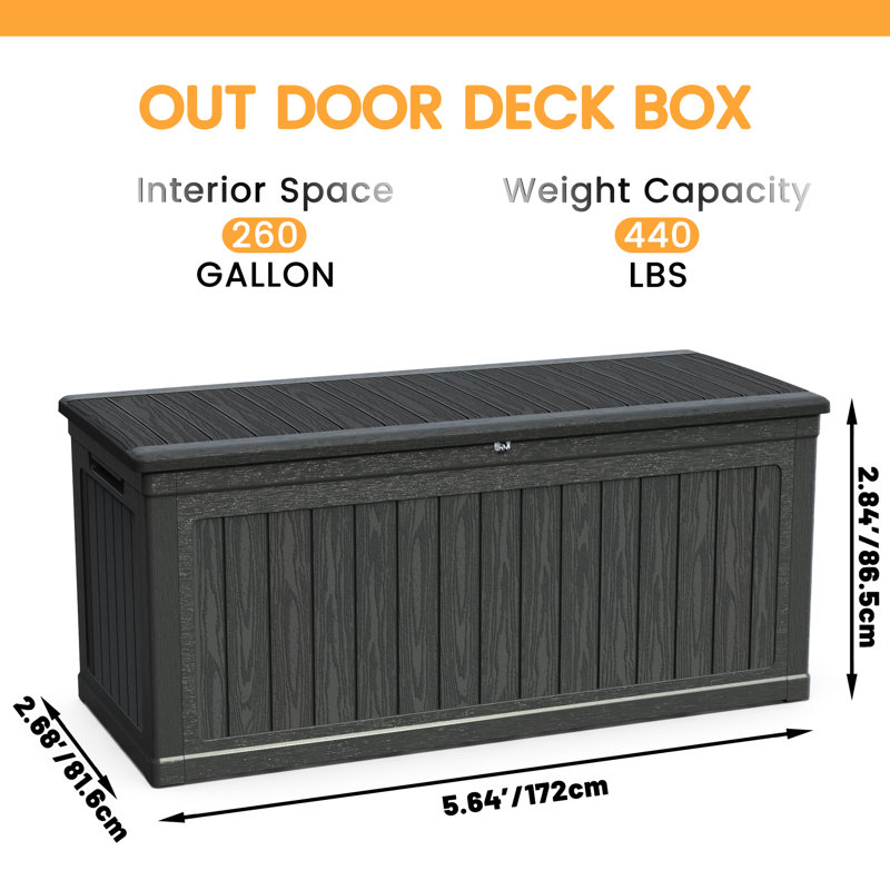 260 Gallon Waterproof Black Deck Box, Double - Construction For Long Term Outdoor Storage, Ideal Gardening Tools And Can Be An Extra Seating Wall Build Longevity, Good Pool Supplies A Bench