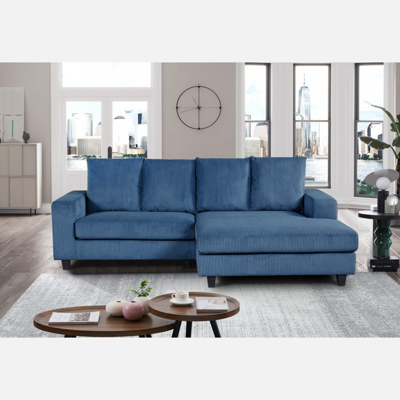 Kaaya 94.5'' Square Arms Corduroy Sofa with Right Chaise L-shaped Sectional , 6 Pillows, Blue Corduroy