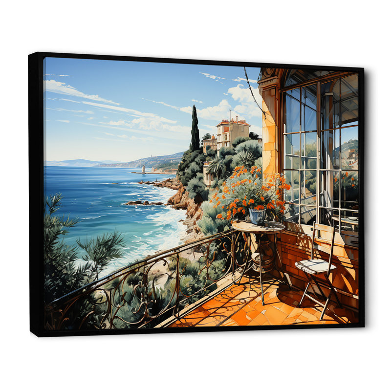 French Riviera Beach Reflections - Coastal Windows, art mural, Cadre flottant noir, H 30 po x l 40 po x P 1,5 po