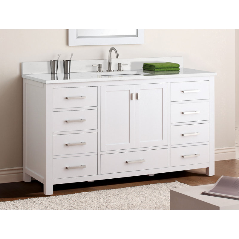 Meuble-lavabo simple 60 po avec plateau Souther, Blanc, Marbre blanc de Carrare, Nickel brossé