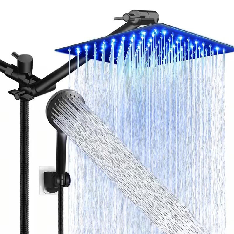 Pomme de douche à pluie noire à haute pression 12 po avec douchette à DEL noire
