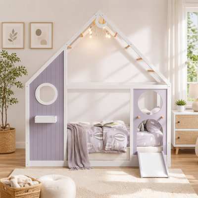 Lit simple avec glissade, bande lumineuse à billes, lit plateforme en bois avec panneau avant et panneau avant, mobilier de chambre amusant