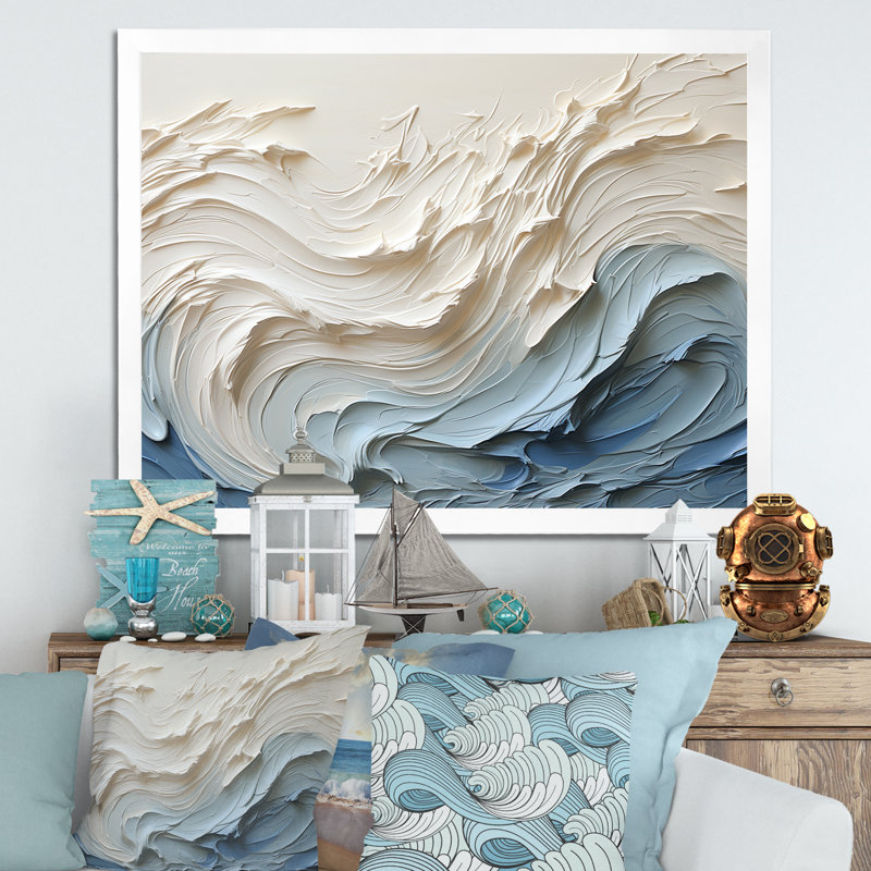 «White and Blue Wave Papercut Style - Coastal Waves», reproduction d'art sur toile (sans texture), Impression encadrée, Blanc