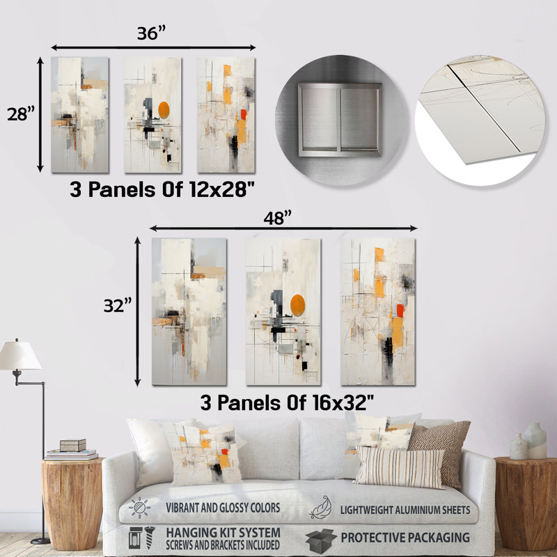 Rêves scandinaves modernes beige et jaune, ensemble de 3 impressions de collages abstraits, H 28 po x l 36 po