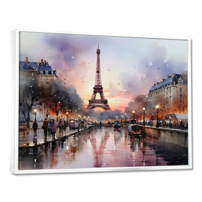 «Pink Twilight Rendezvous In Paris III» - Art mural, parcs d'attractions, H 16 po x l 32 po x P 1 po, Cadre flottant blanc