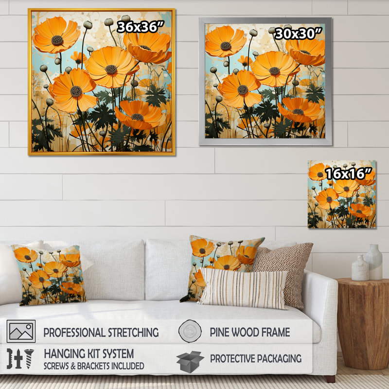 Jaune fleur de souci jaune - art mural souci, H 30 po x l 30 po x P 1,5 po, Cadre simple noir