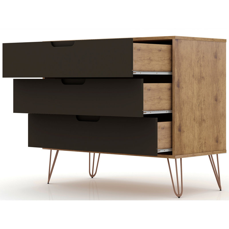Commode grise 35 po Rockefeller (3 tiroirs), Brun foncé / naturel