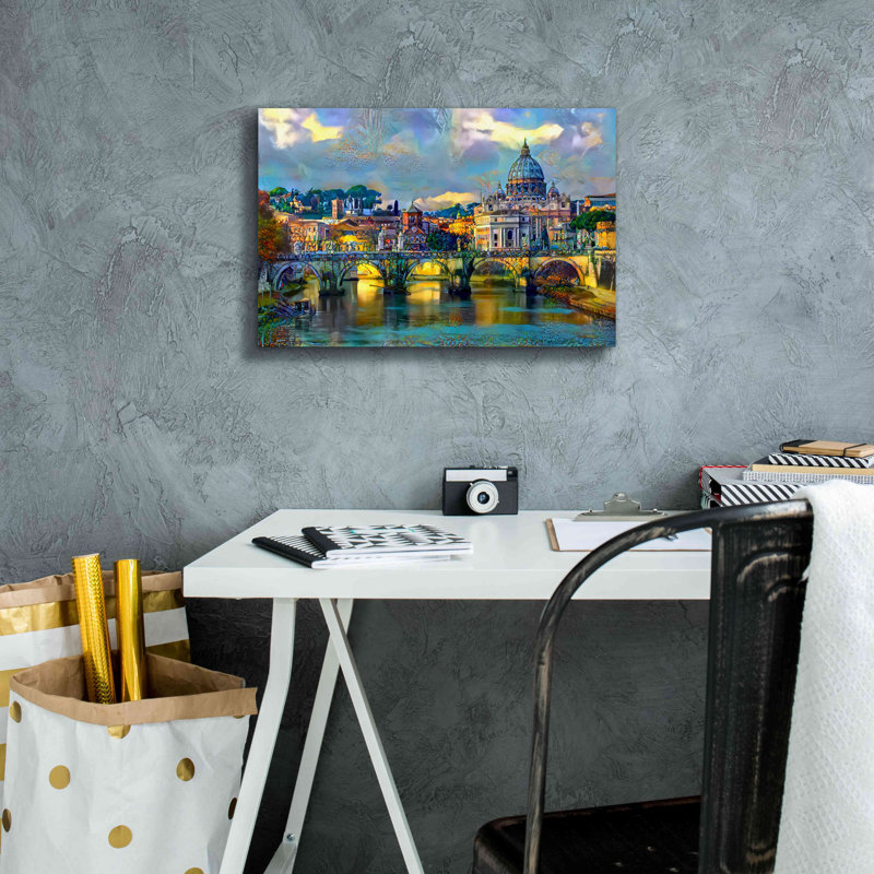 «Basilique Saint-Pierre et pont par jour» par Peter Gavidia, Art mural sur toile, H 12 po x l 18 po