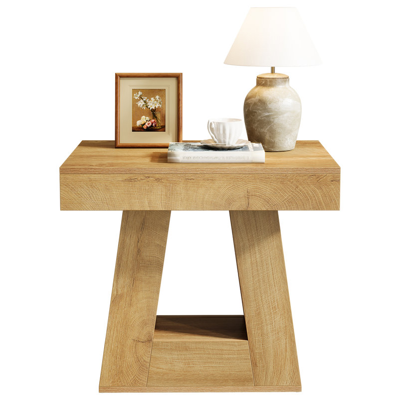 Modern 2-Tier Nightstand With Trapezoid Base, Wood-Grain Finish Bedside Table, Light Brown