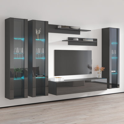 Aubrea 120" Modern Floating Wall Mounted Entertainment Centre with 16-Colour LED Lighting, High Gloss Finish