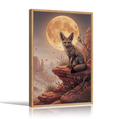 Toile murale d'Halloween représentant un renard assis sur un rebord rocheux rouge sous la pleine lune