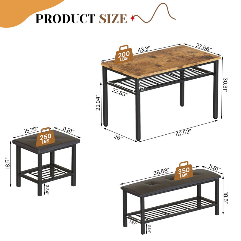 Ensemble de salle à manger 4 pièces, table de salle à manger avec 1 banc et 2 tabourets courts pour 4 personnes, table de salle à manger avec cadre en métal et tablette de rangement, table de cuisine et chaises pour la salle à manger, coin repas, pe