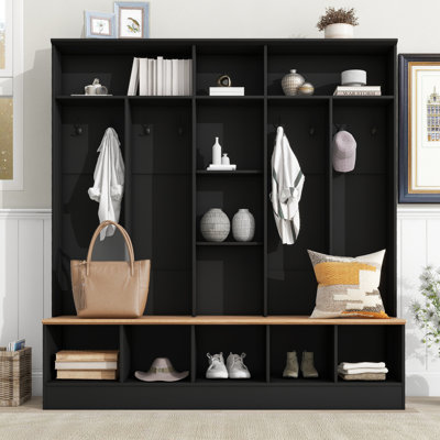 Wide Design Hall Tree Wardrobe Closet & Cabinet - Functional Clothes Storage With 8 Hooks For Entryways by Latitude Run