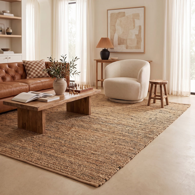 Tapis d'intérieur en jute de fibre naturelle fait à la main avec envers en coton Modern Farmhouse, Brun clair / multicolore