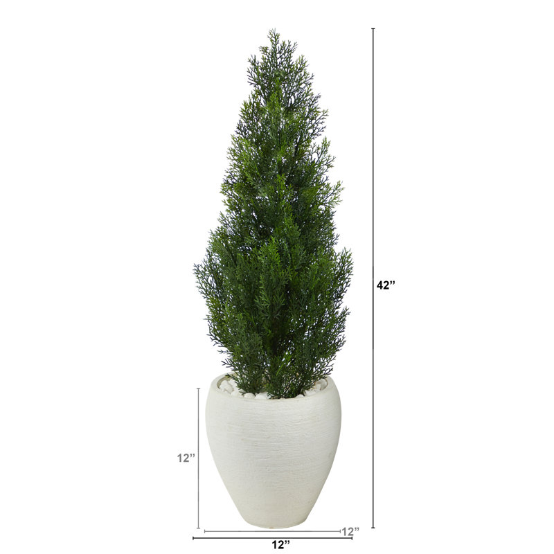 3.5Ft. Mini Cedar Artificial Pine Tree In White Planter UV Resistant (Indoor/Outdoor)