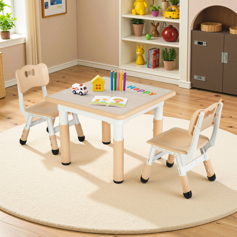 Kids Table And Chairs, Height Adjustable Toddler Table And Chair Set, Non-Slip Legs & Easy-Clean Graffiti Desktop (23.6''L X 23.6''W) For Learning, Daycare, Home(Beige)