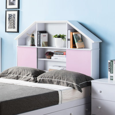 Tête de lit bibliothèque autoportante pleine grandeur avec deux portes coulissantes roses sur roulettes, sept étagères, fini blanc pour un style moderne et élégant - Surface résistante aux rayures