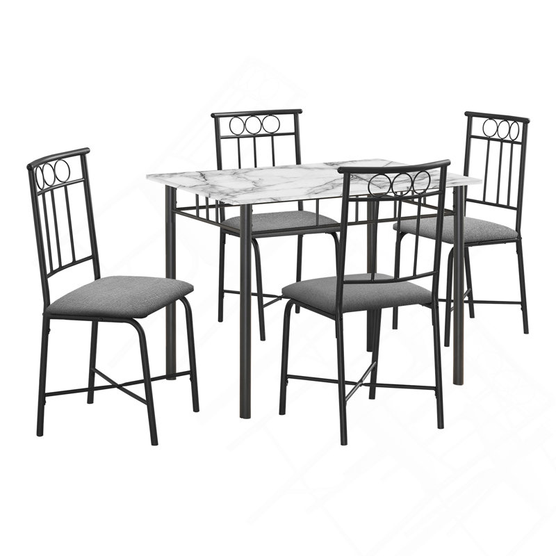 Ensemble de table de salle à manger, ensemble de 5 pièces, petit, rectangulaire, 40 po, cuisine, stratifié aspect marbre blanc, métal noir, contemporain, moderne