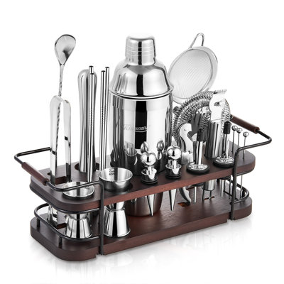 KITESSENSU Cocktail Shaker Set Bartender Kit with Stand | Complete 24-Piece Bar Set Cocktail Kit with All Bar Accessories: Martini Shaker, Jigger, Mud