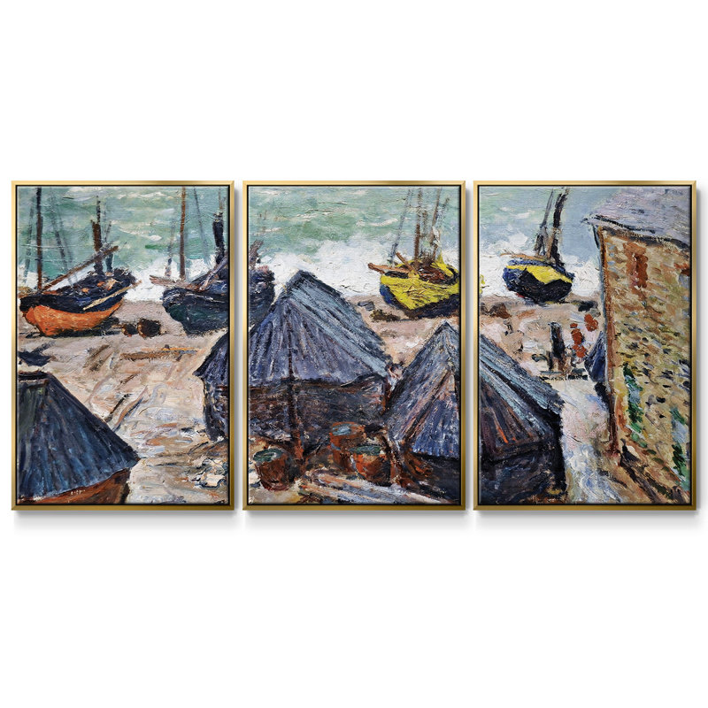 Bateaux sur la plage à Etretat, 1885 - Toile encadrée multi-pièces, H 36 po x l 75 po x P 2 po, Or