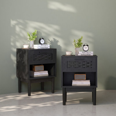 Set of 2 Rattan Bedside Tables with Drawer and Open Shelf, Effect Nightstands with Woven Front and Black Metal Handle, Boho Bedroom Side Tables