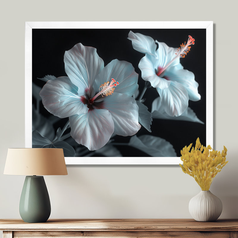 Hibiscus blanc et rose transparent - art mural hibiscus, White Picture Framed, H 12 po x l 20 po