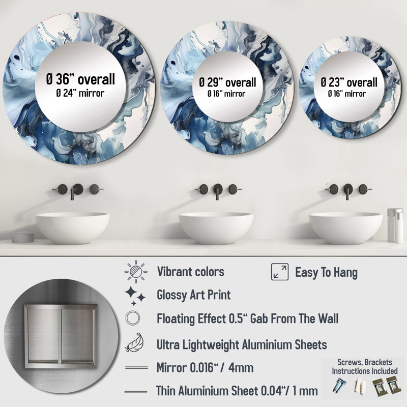 Blue And Grey Ethereal Elixir II - Abstract Round Mirror Wall Decor, 36" x 36"