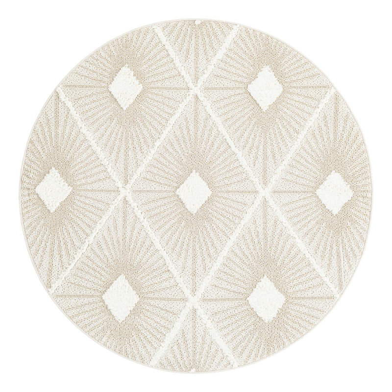 Tapis en polyester tissé à la machine ivoire / blanc Longmeadow, Rond 7 pi 10 po - sans pampilles