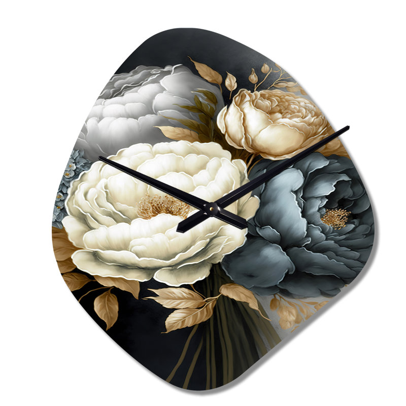 Blanc, bleu et gris pivoine Bouquet III - pivoines horloges murales asymétriques en métal, blanc horloge murale forme unique