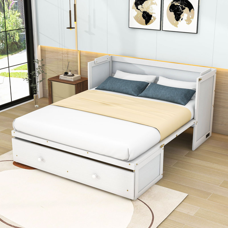 Lit escamotable 1 tiroir en bois avec ports USB, Blanc, Grand