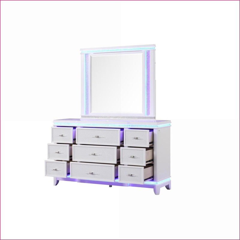 Ensemble de chambre à coucher, 5 pièces, grand lit, moderne, crème, d'inspiration opium uni Bois d'ingénierie avec lumières DEL | Blanc | Bois