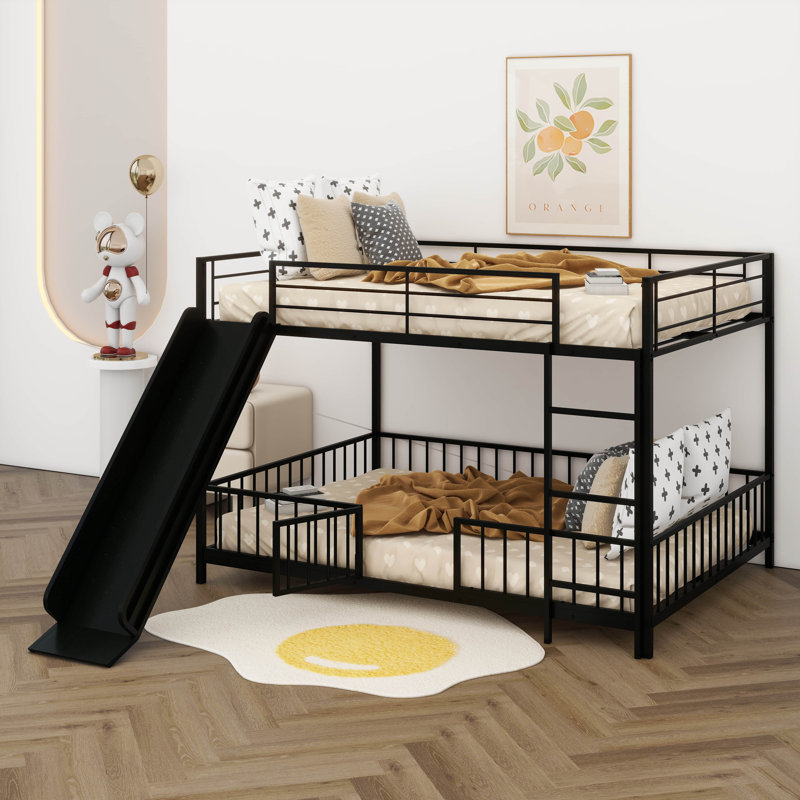 Twin Over Twin Size Metal Bunk Bed With Slide And Guardrails, Black