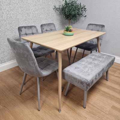Wooden Dining Table Set with 4 Velvet Dining Chair And 1 Velvet Bench