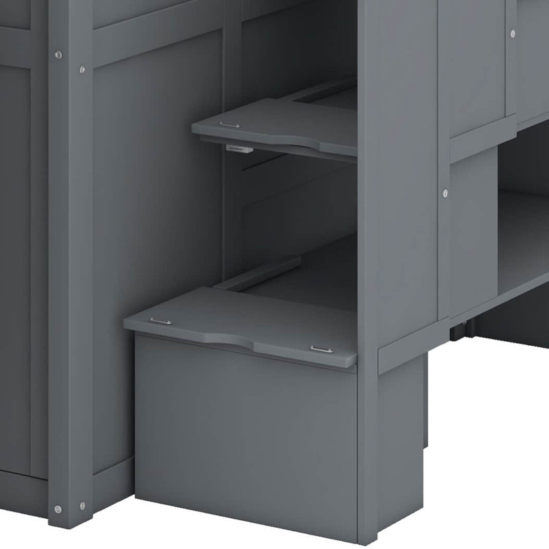 Lit mezzanine double avec armoire intégrée, bureau et système d'étagères, gris
