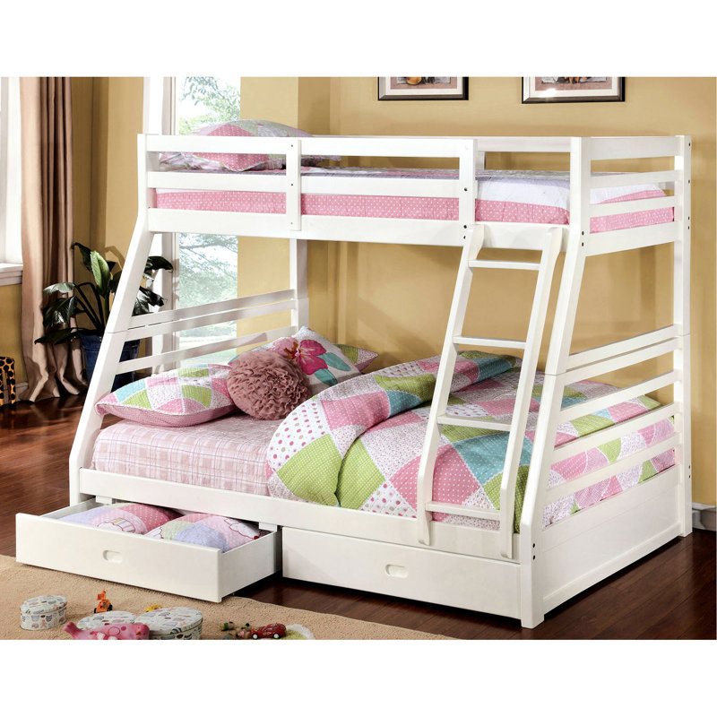Lit superposé simple au-dessus d'un lit double au fini transitionnel blanc, deux grands tiroirs de rangement inférieurs, placage en bois massif attaché, 10 pièces Lattes pour le soutien et l'esthétique, rangement des tiroirs, matériau, A