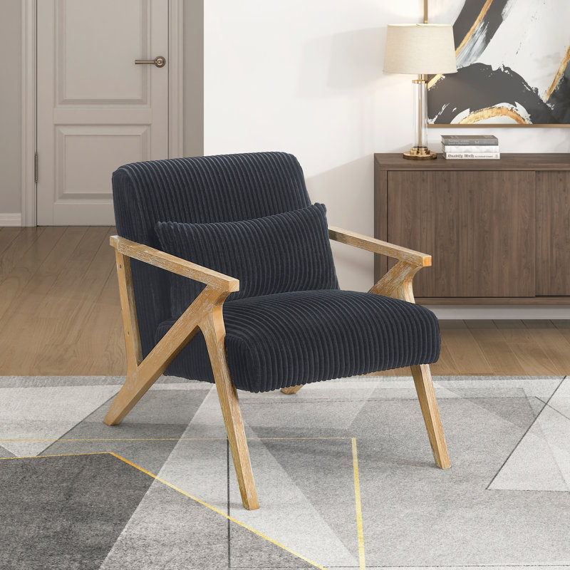 Fauteuil d'appoint moderne recouvert de velours côtelé noir, structure en bois d'hévéa massif, siège et coussin en mousse pour le salon avec coussin moelleux.