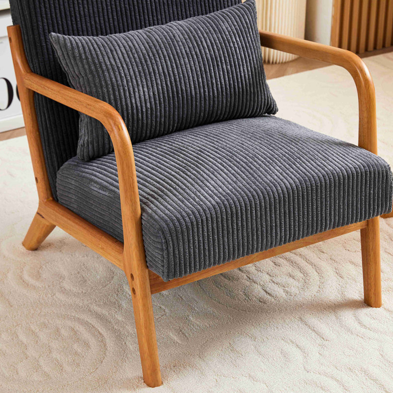 Chaise d'appoint Mid-Century moderne en bois d'hévéa avec coussin lombaire, Gris foncé, Noyer