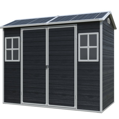 Remise de rangement extérieure en plastique noir 8 pi x 4 pi avec plancher, deux fenêtres, double porte, pour jardin, patio, cour, pelouse, robuste, protection, résistance à l'eau, remise facile à assembler, plastique, noir, robuste