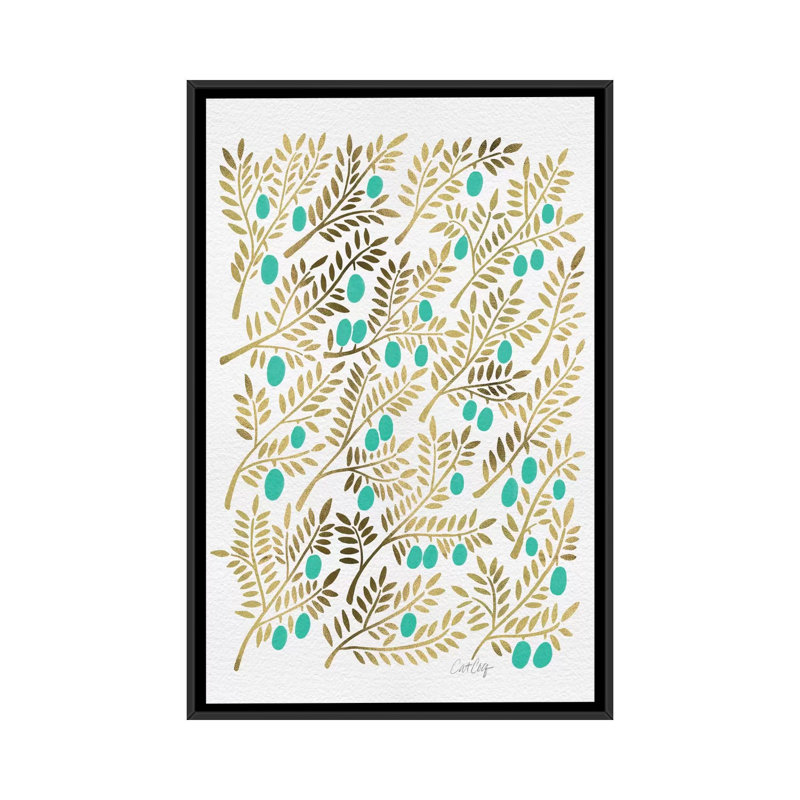 « turquoise olive branches », impression sur toile tendue artprint, H 26 po x l 18 po x P 1,5 po, Toile encadrée noire