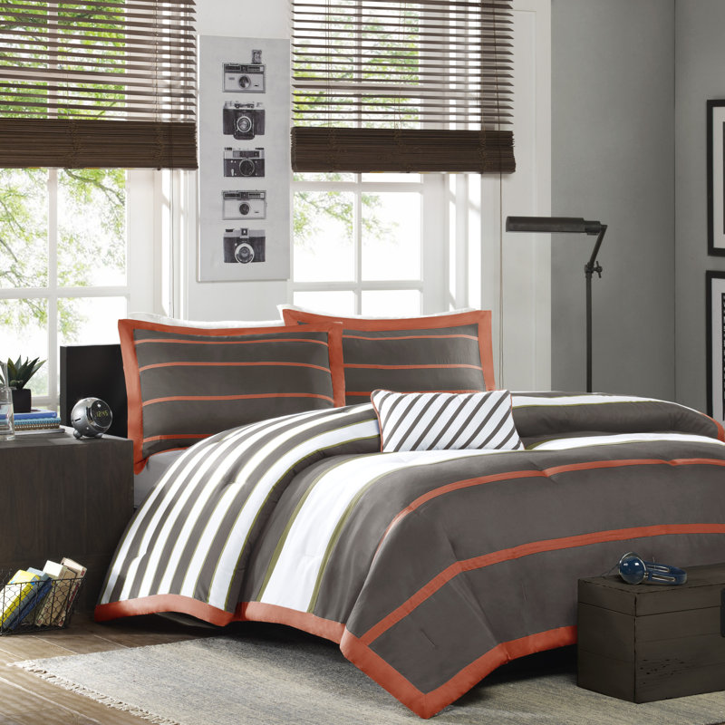 Ashton Striped Comforter Set, Full/Queen Comforter + 2 Shams + 1 Pillow, Khaki/Navy