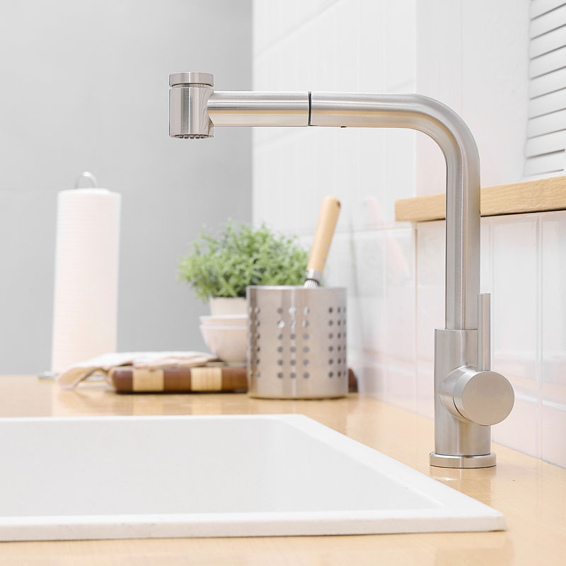 360 Rotatable Bathroom Sink Faucet With Pull Out , Stainless Steel, Ceramic Filler, Classic Style Brushed Nickel Spray, Contemporary Style, Filling