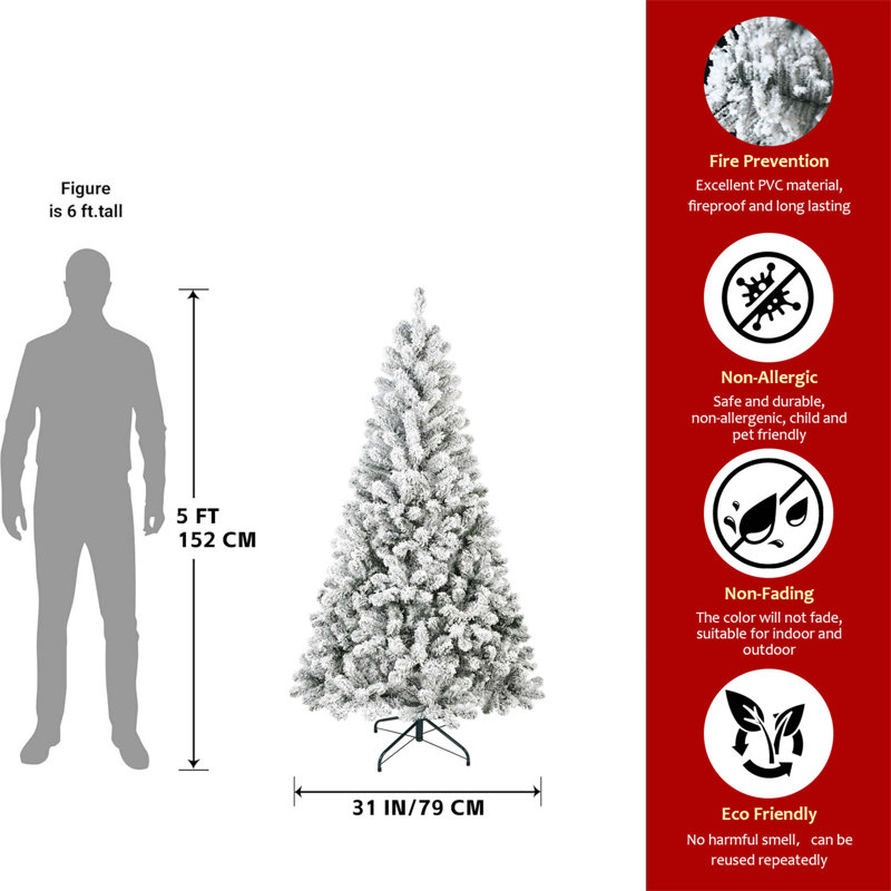 Arbre de Noël floqué avec des extrémités abondantes et un support robuste, idéal pour les décorations des Fêtes à la maison, au bureau ou dans un appartement