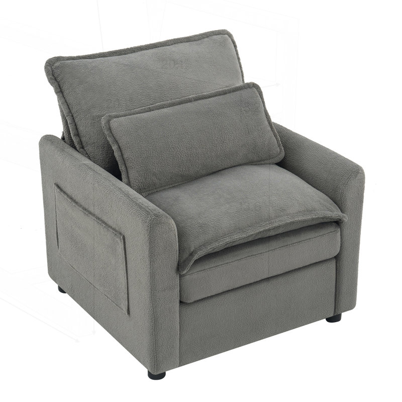 Fauteuil rembourré moelleux avec coussin double couche et poches de rangement latérales, Gris