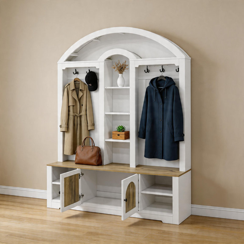Armoire d'entrée moderne et multifonctionnelle blanche fabriquée en panneau de fibres à densité moyenne robuste, équipée d'un porte-chaussures, d'une tringle à vêtements et de crochets, très pratique.