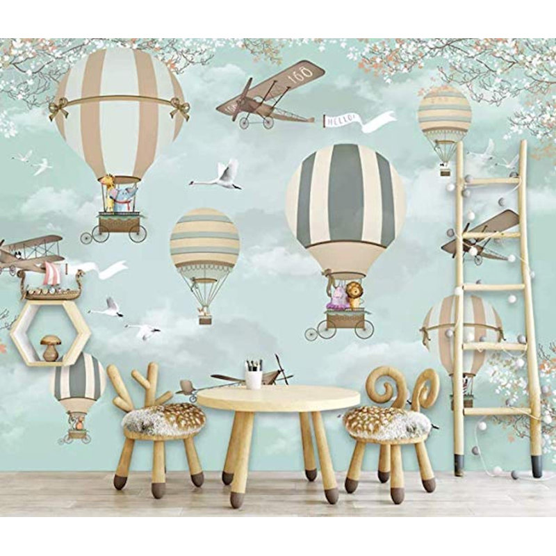 Papier peint amovible avec petite montgolfière, animaux et aéronefs, L 114 po x l 204 po