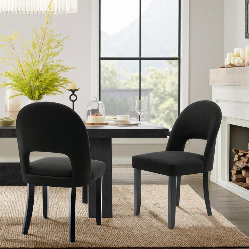 Modern Fabric Upholstered Dining Chairs with Curved High Back and Solid Wood Legs, 6, Black/Black