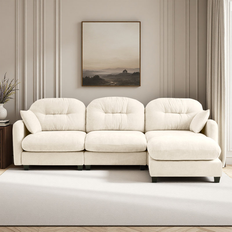 Sectional L Shaped Couch With Ottoman, Chenille Sofa, Beige Chenille